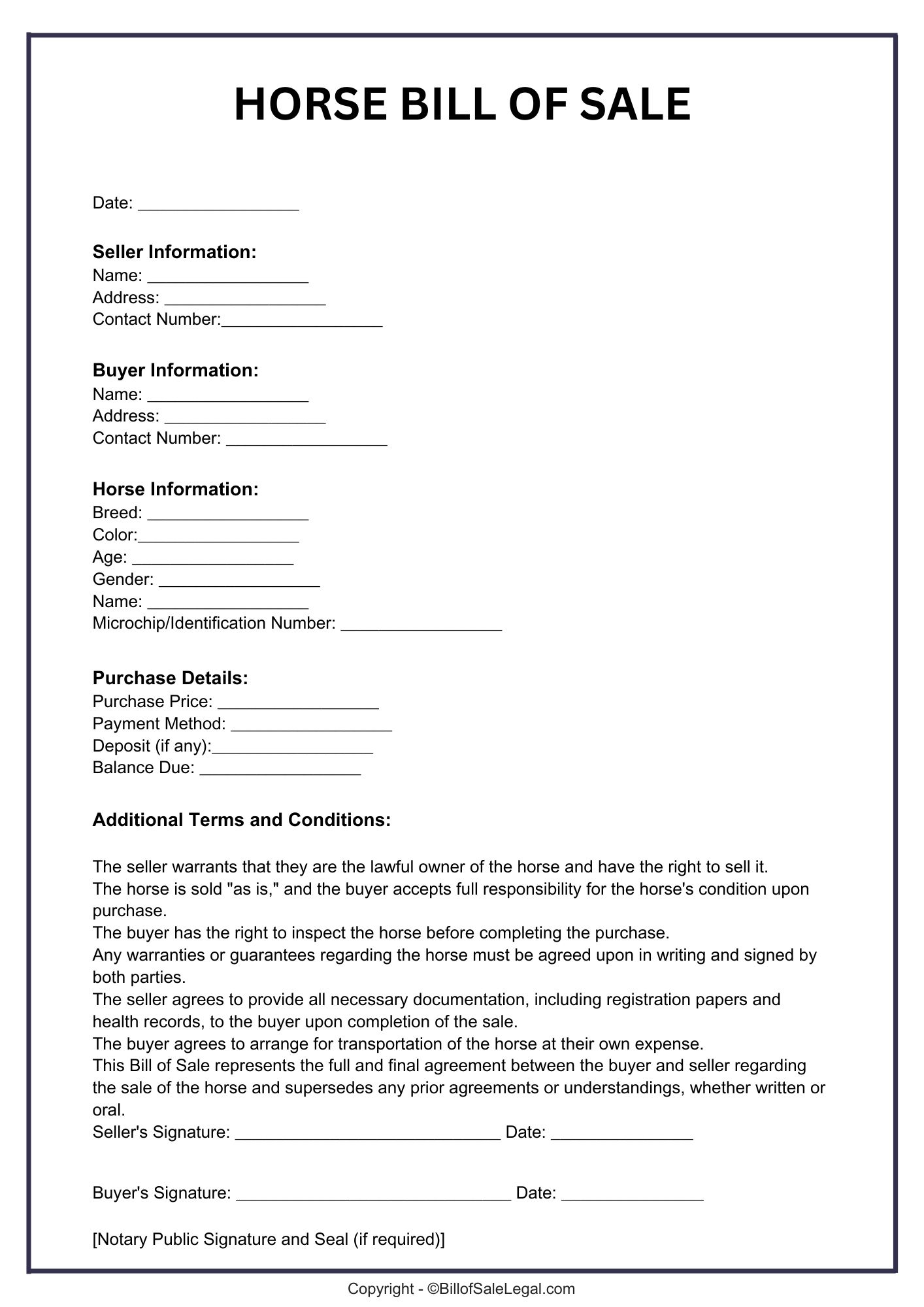 Preview of Printable Bill of Sale Form