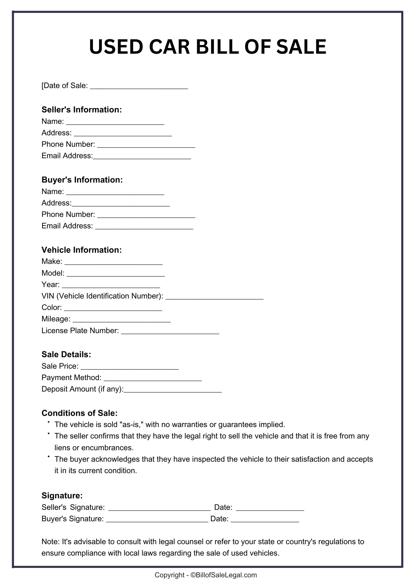 Preview of Editable Word Bill of Sale