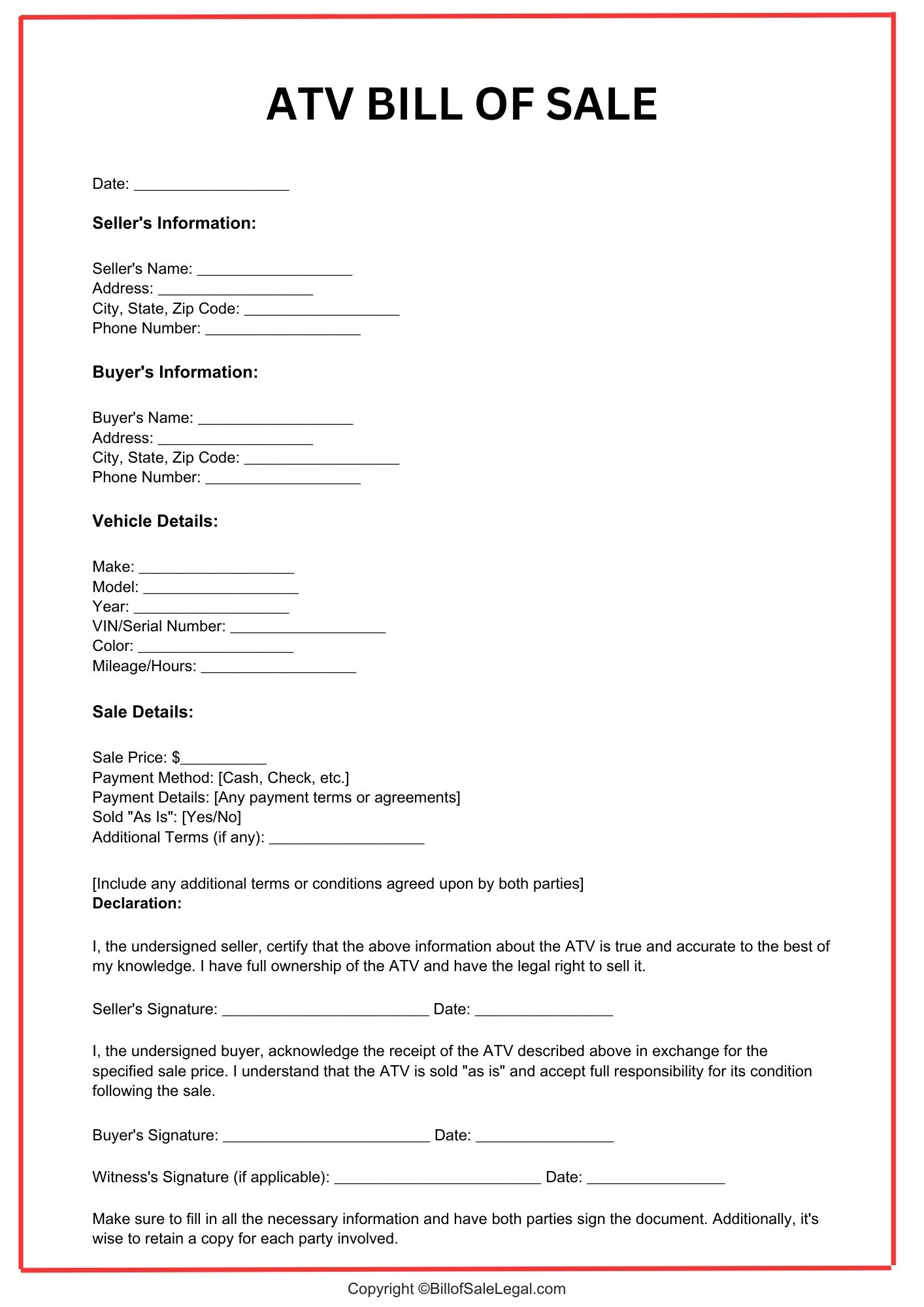 ATV Bill of Sale Format — Preview & Download ATV Bill of Sale Format — Preview & Download