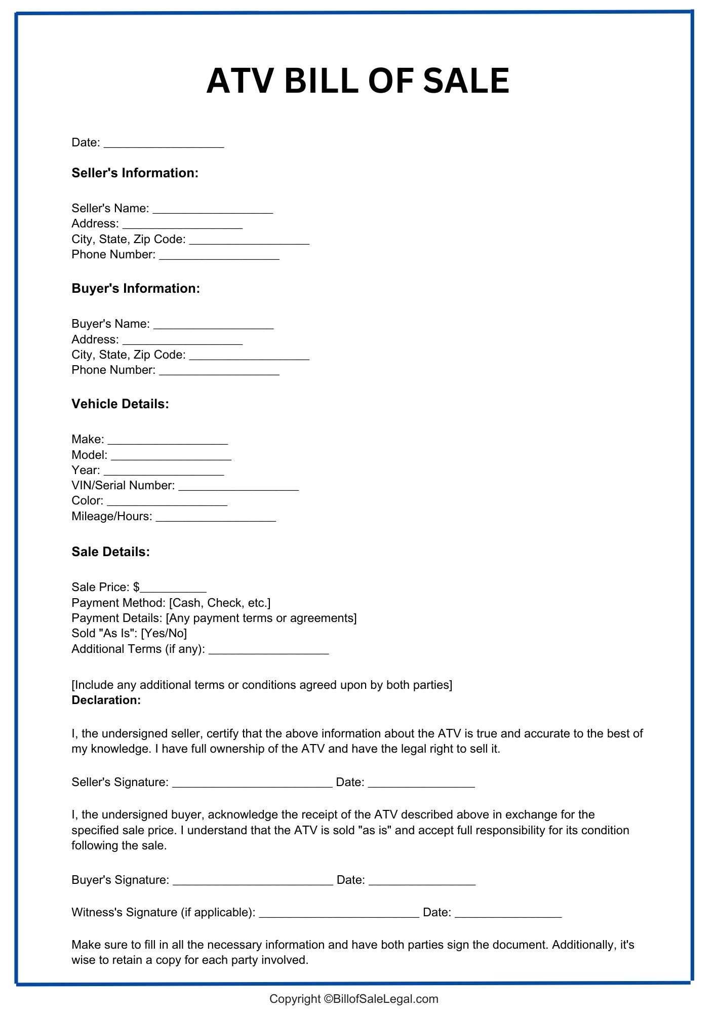 ATV Bill of Sale Format — Preview & Download ATV Bill of Sale Format — Preview & Download