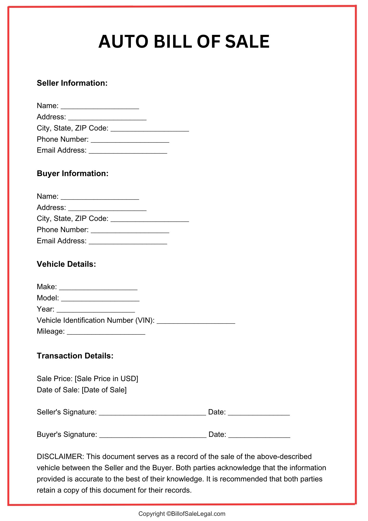 An Auto Bill of Sale Format — Preview & Download An Auto Bill of Sale Format — Preview & Download