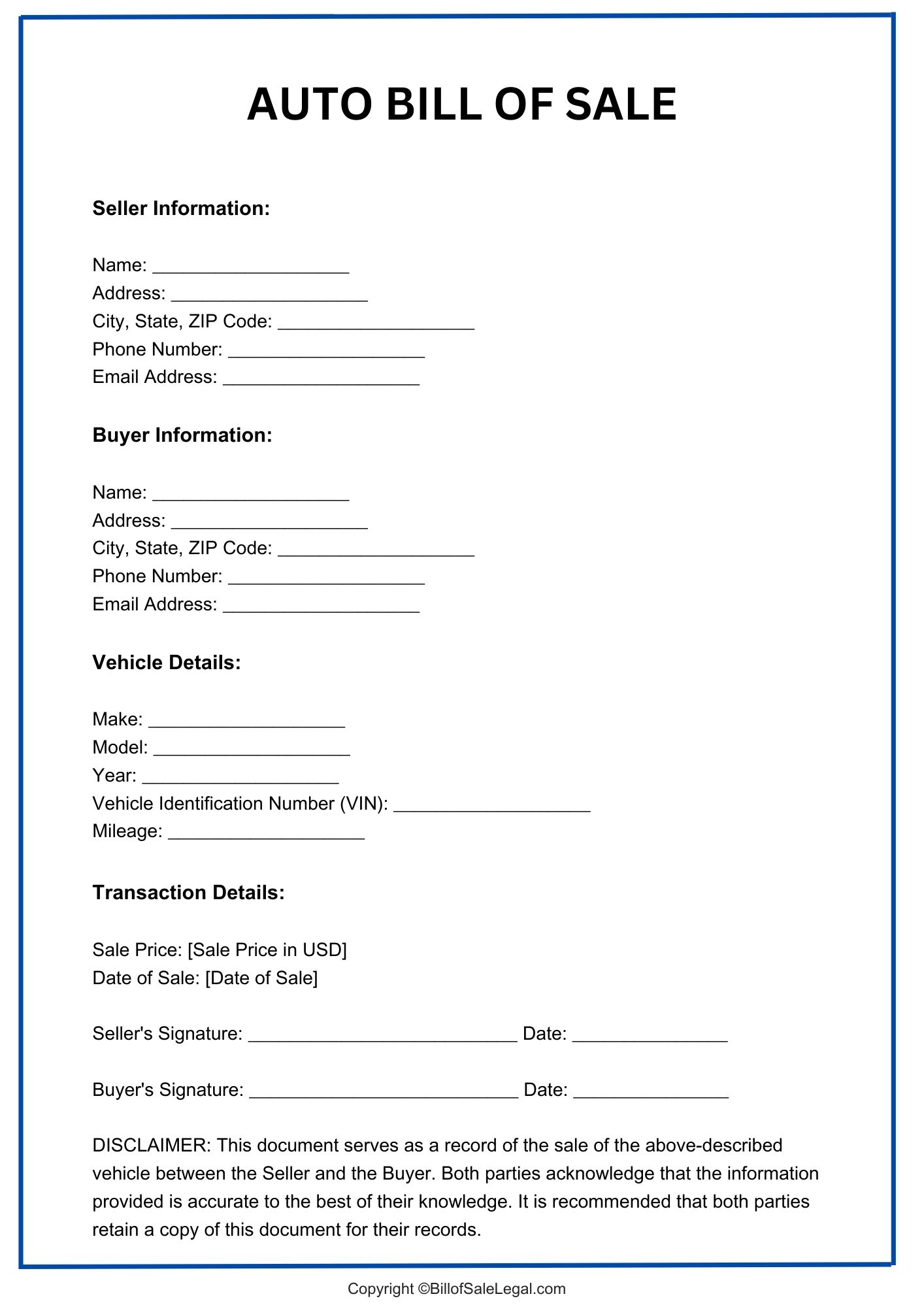 An Auto Bill of Sale Format — Preview & Download An Auto Bill of Sale Format — Preview & Download