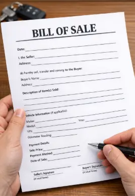 Image of a Bill of Sale document being signed