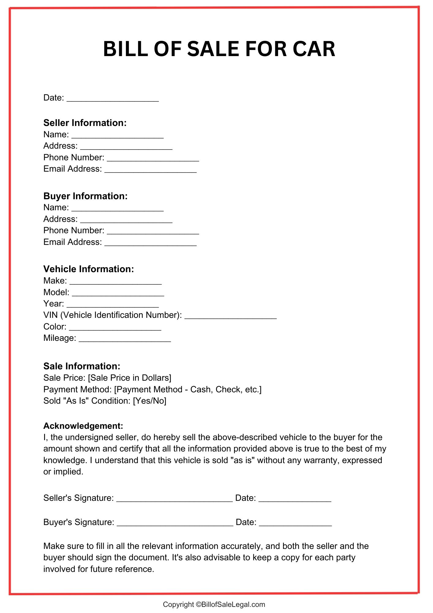 Car Bill of Sale Format — Preview & Download Car Bill of Sale Format — Preview & Download