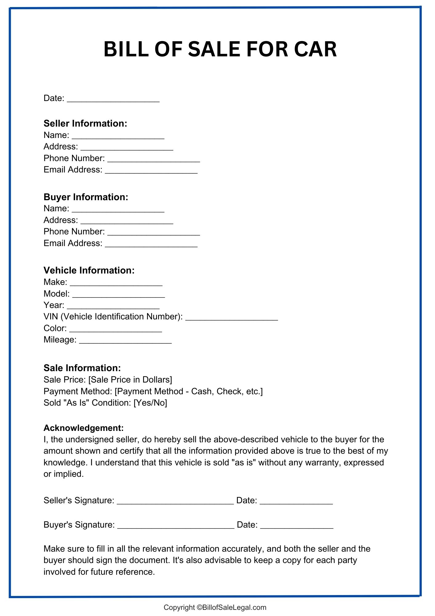 Car Bill of Sale Format — Preview & Download Car Bill of Sale Format — Preview & Download