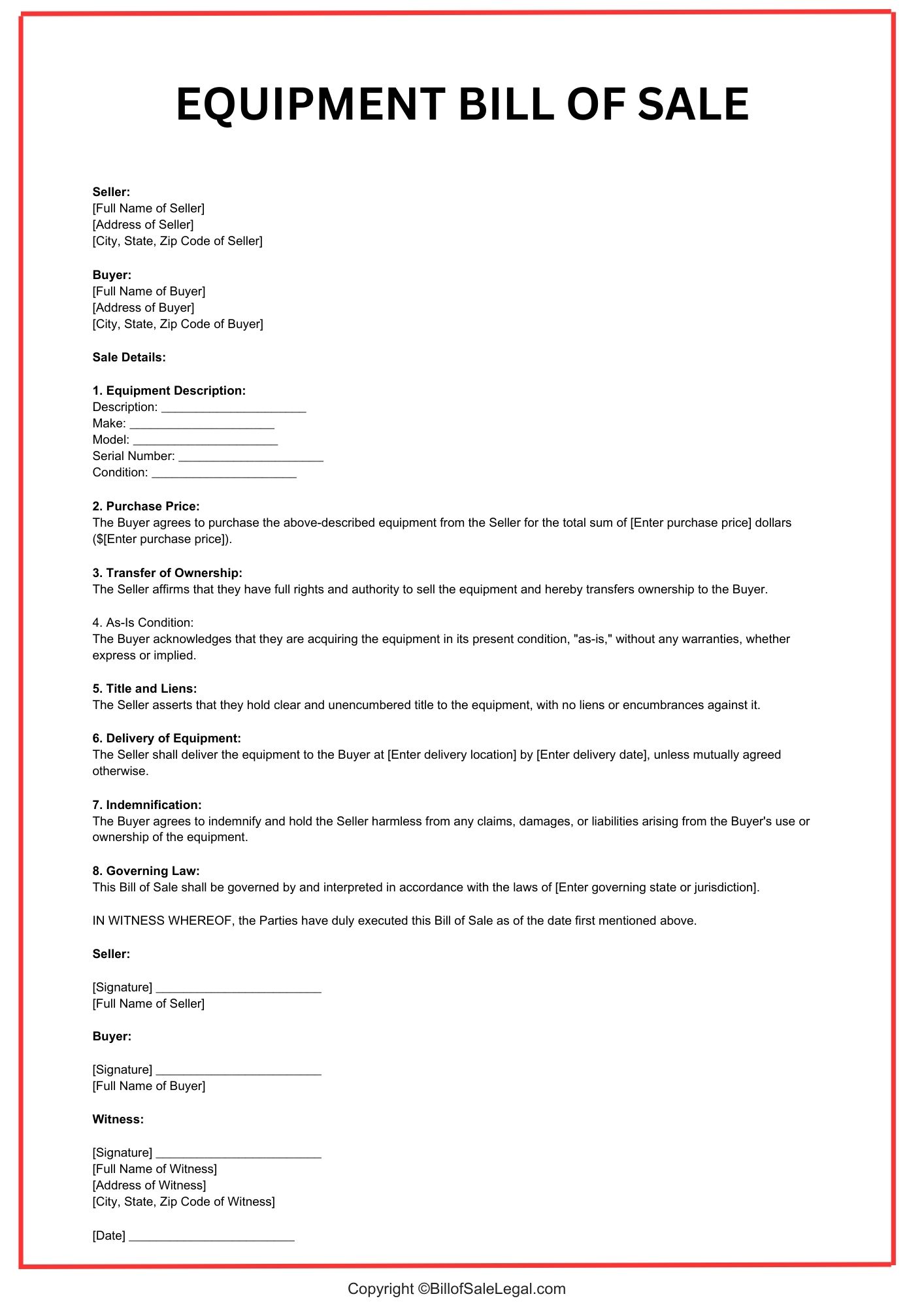 Equipment Bill of Sale Format — Preview & Download Equipment Bill of Sale Format — Preview & Download