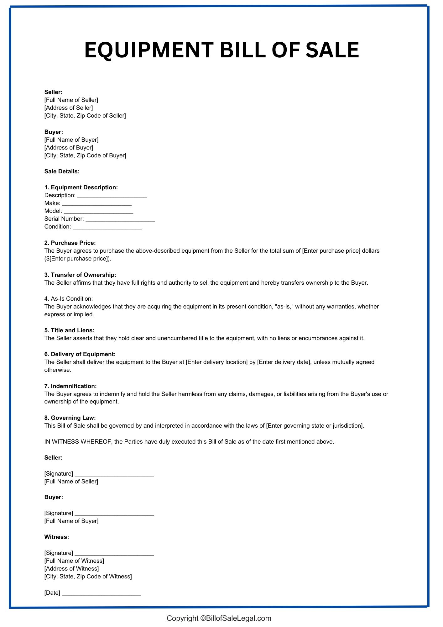 Equipment Bill of Sale Format — Preview & Download Equipment Bill of Sale Format — Preview & Download
