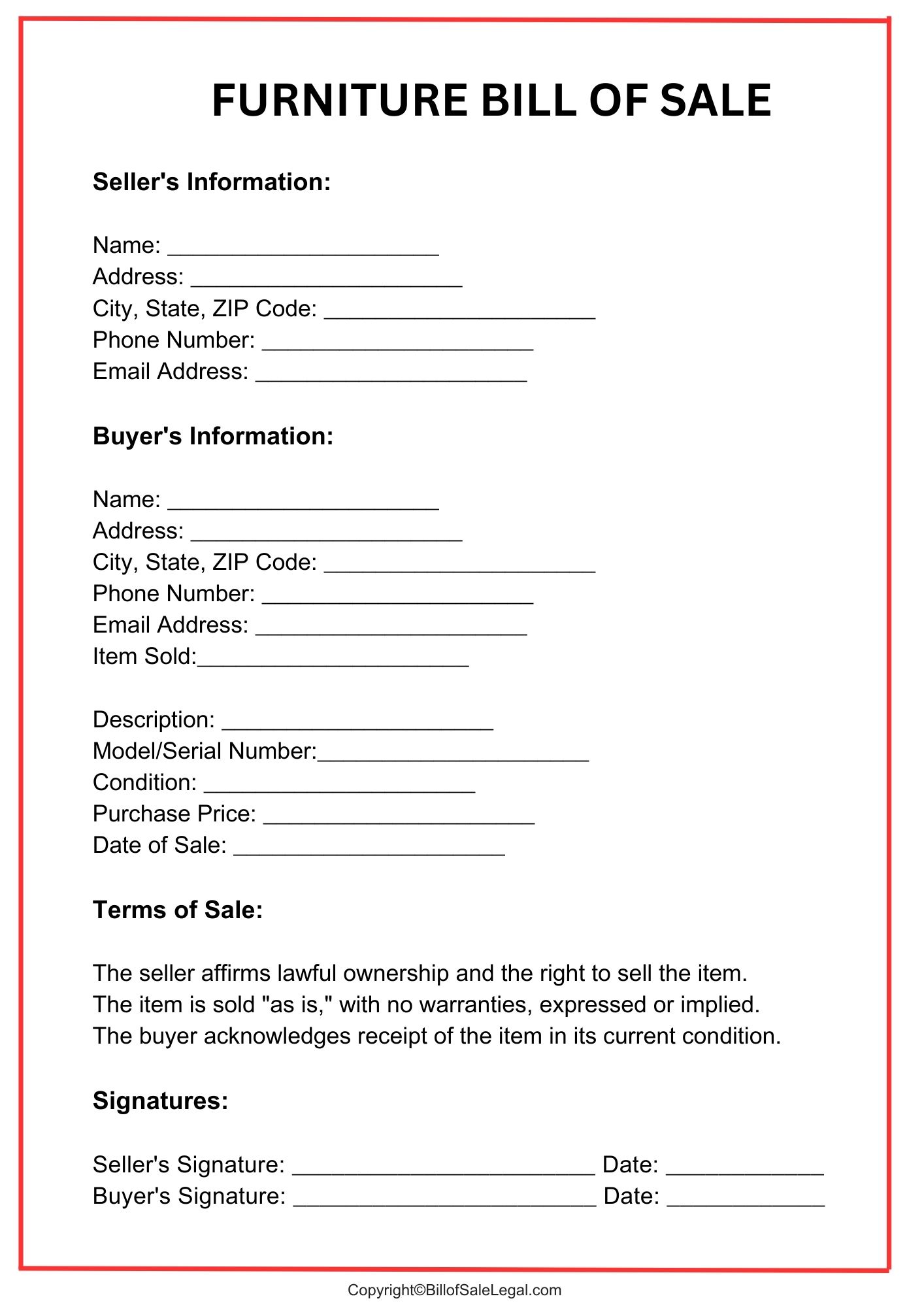 Furniture Bill of Sale Format — Preview & Download Furniture Bill of Sale Format — Preview & Download
