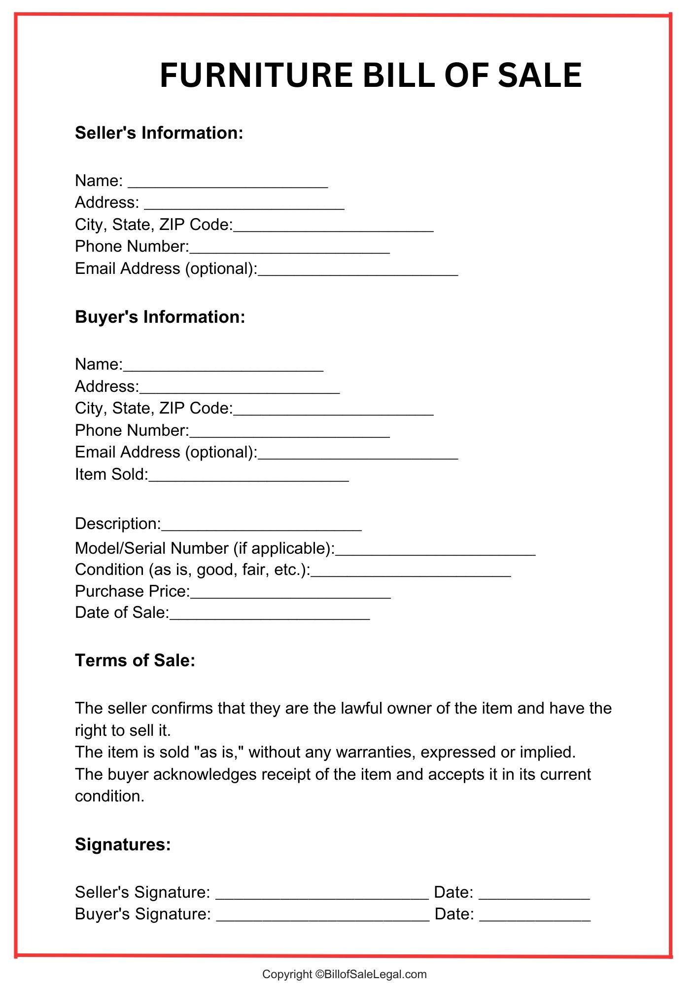 Furniture Bill of Sale Format — Preview & Download Furniture Bill of Sale Format — Preview & Download