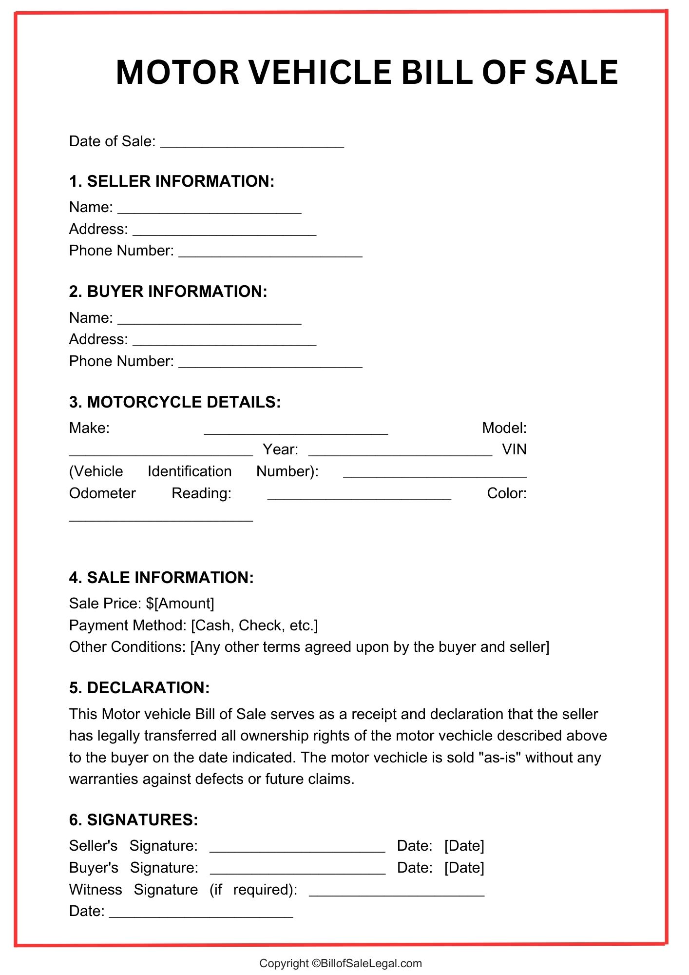 Motor Vehicle Bill of Sale Format — Preview & Download Motor Vehicle Bill of Sale Format — Preview & Download