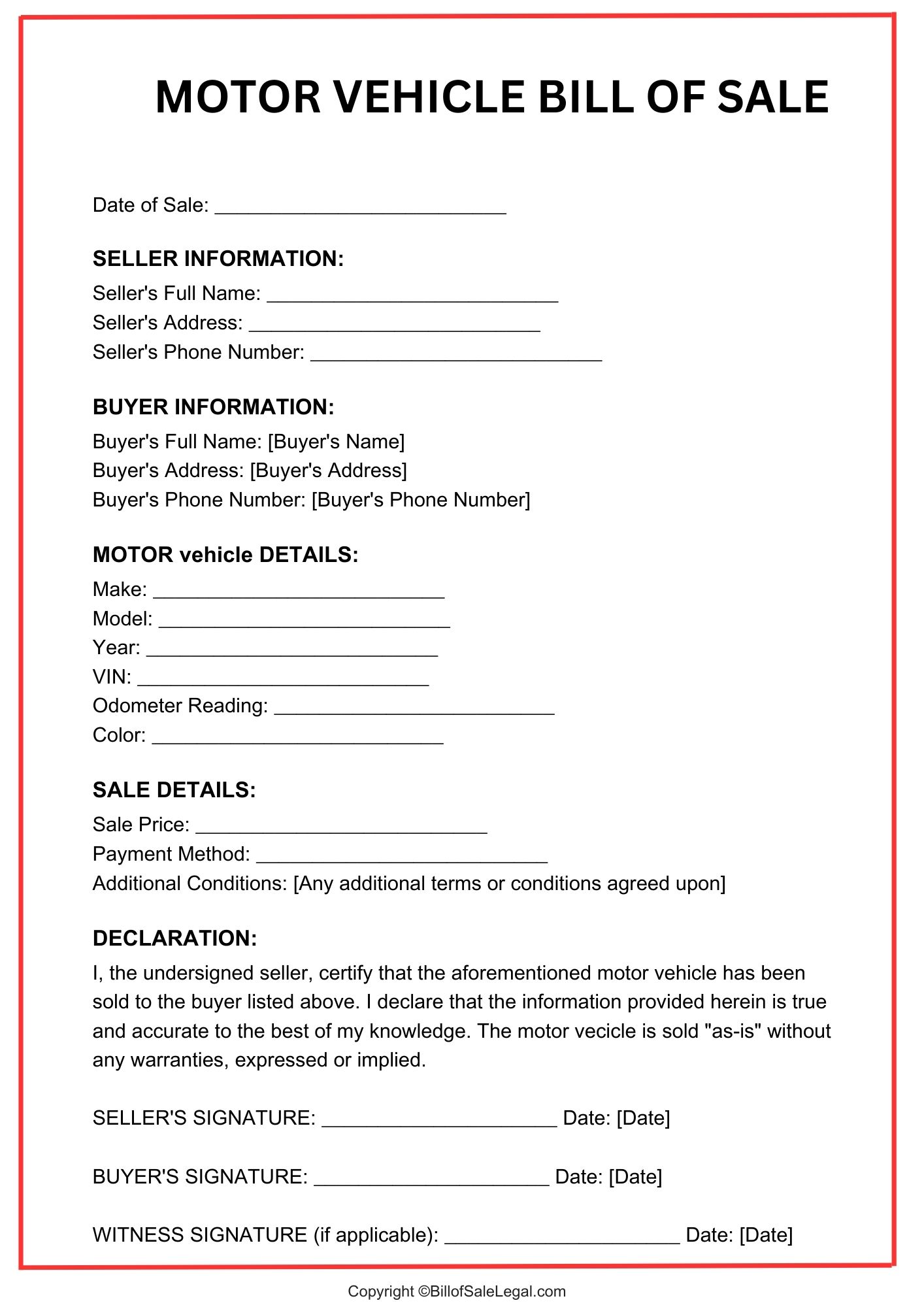 Motor Vehicle Bill of Sale Format — Preview & Download Motor Vehicle Bill of Sale Format — Preview & Download