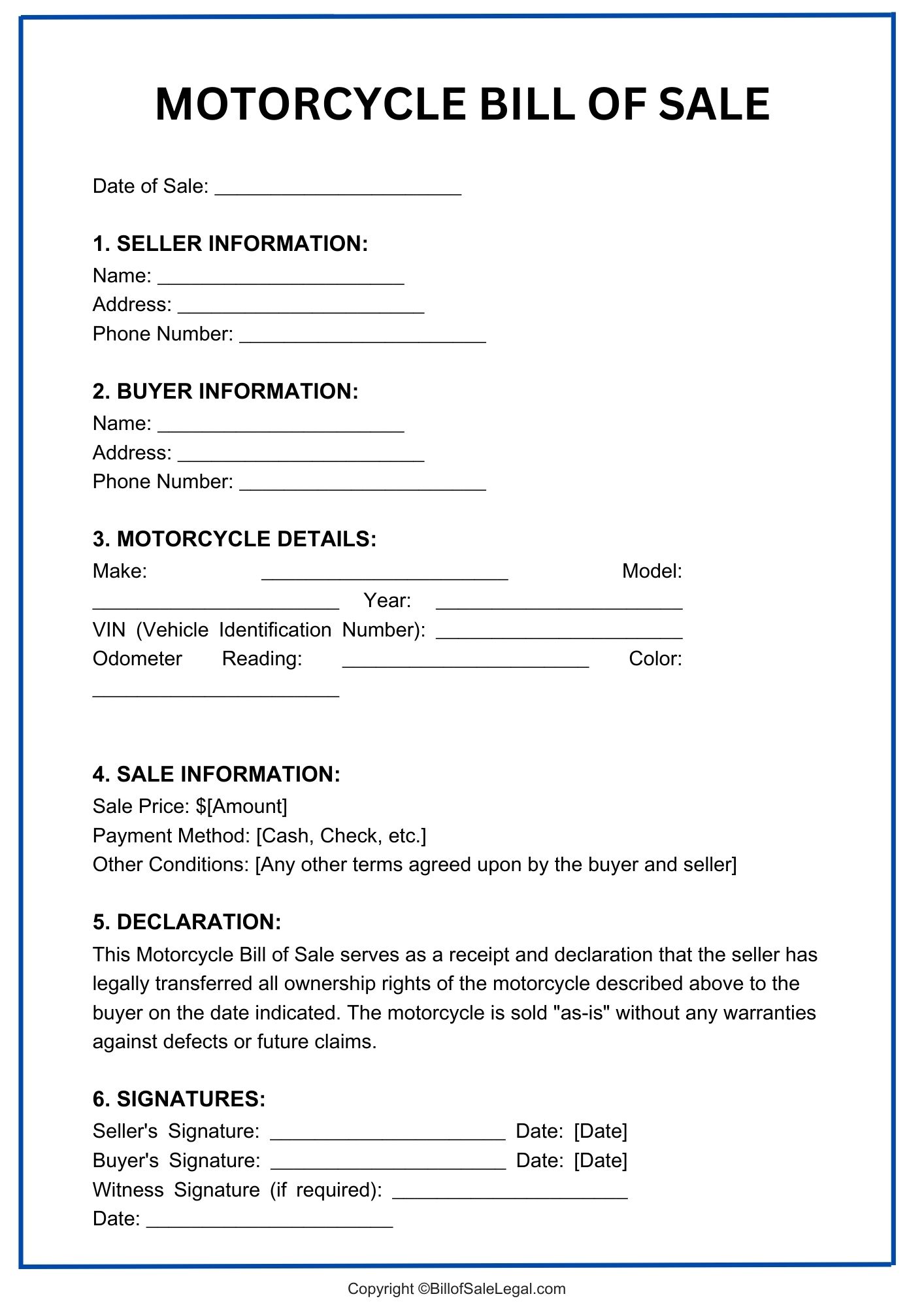 Motorcycle Bill of Sale Format — Preview & Download Motorcycle Bill of Sale Format — Preview & Download