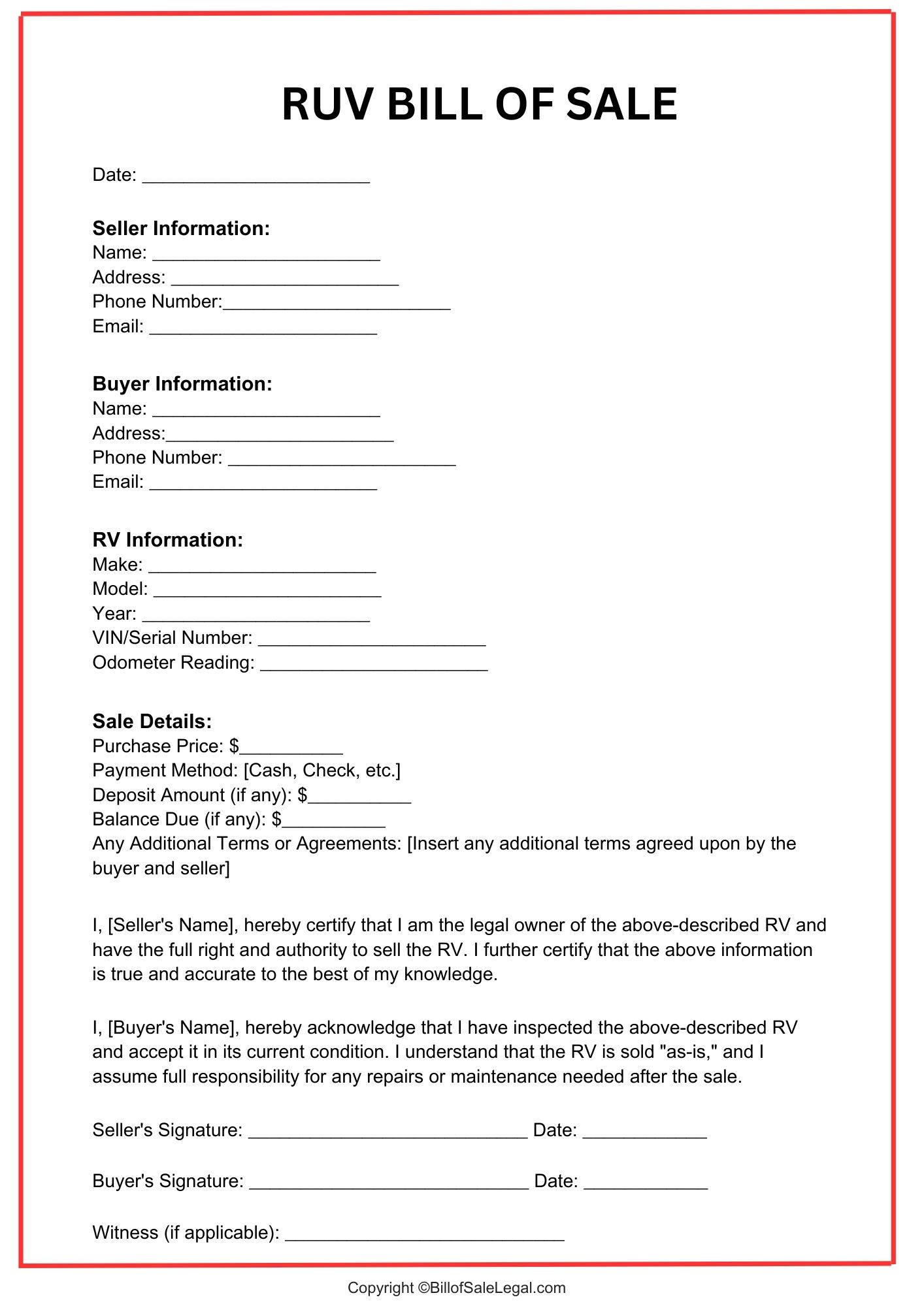 RUV Bill of Sale Format — Preview & Download RUV Bill of Sale Format — Preview & Download