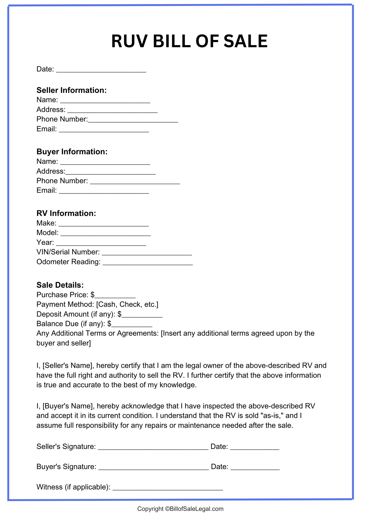 RUV Bill of Sale Format — Preview & Download RUV Bill of Sale Format — Preview & Download