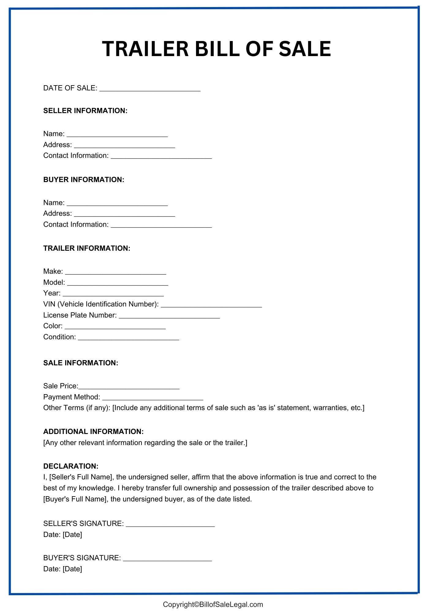 Trailer Bill of Sale Format — Preview & Download Trailer Bill of Sale Format — Preview & Download