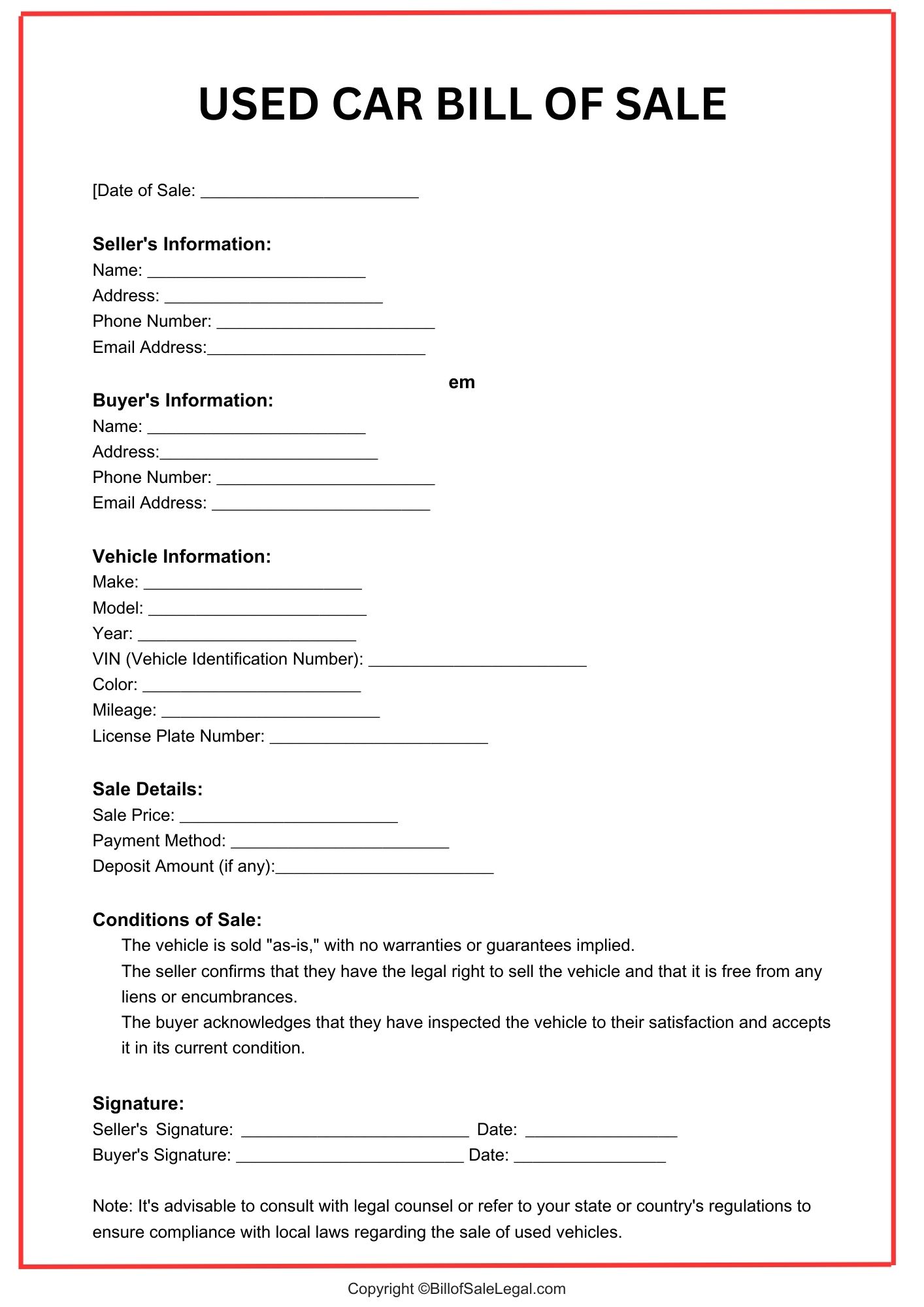 A Used Car Bill of Sale Format — Preview & Download A Used Car Bill of Sale Format — Preview & Download