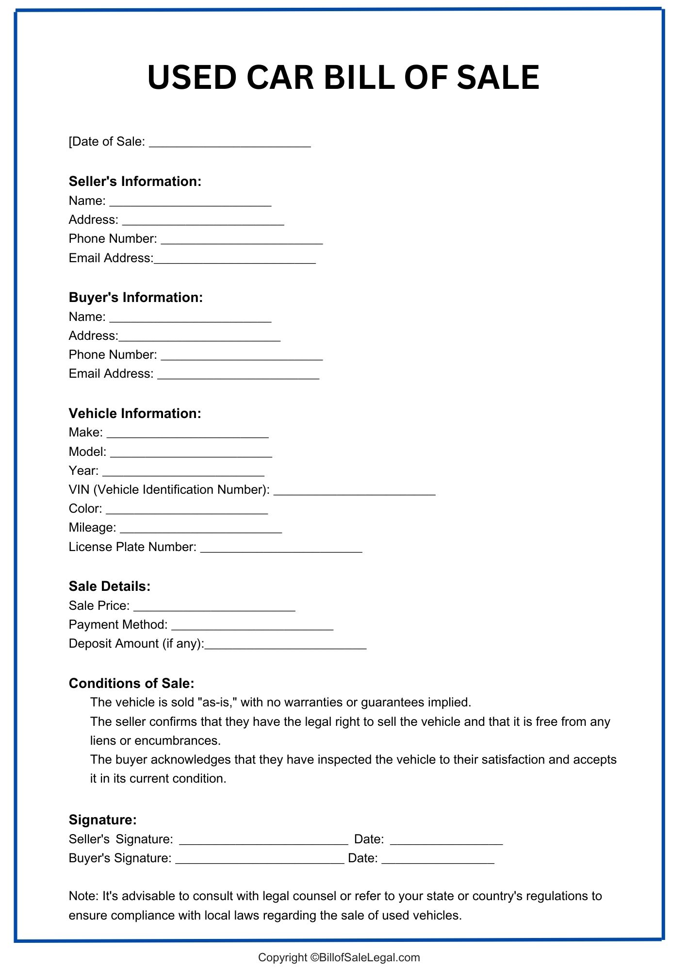 A Used Car Bill of Sale Format — Preview & Download A Used Car Bill of Sale Format — Preview & Download